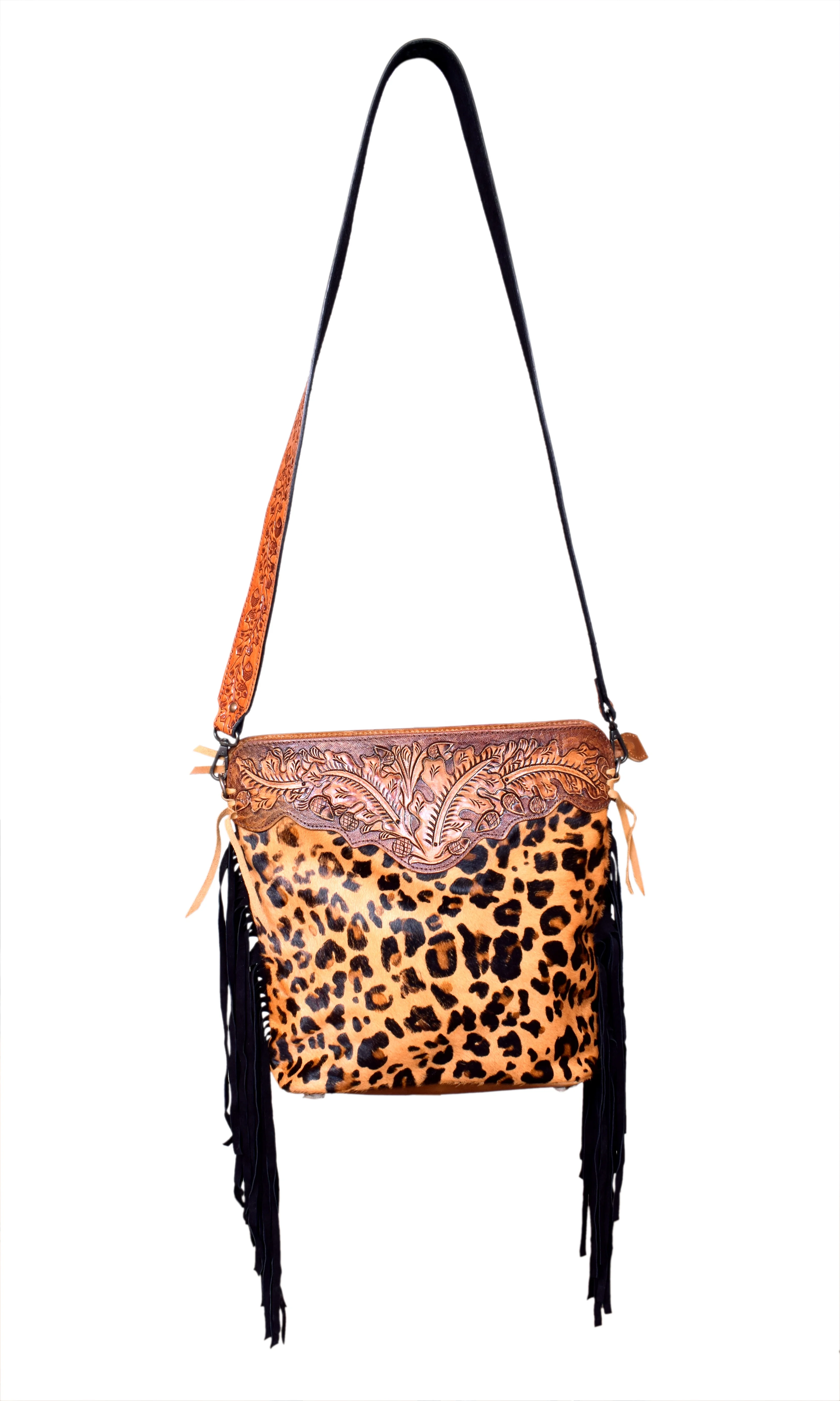 Leopard Print Cross Body Bag With Oak Leaf Pattern Hand Tooled Cowhide Patch on Top Hairon and Fur Leather Adjustable Straps