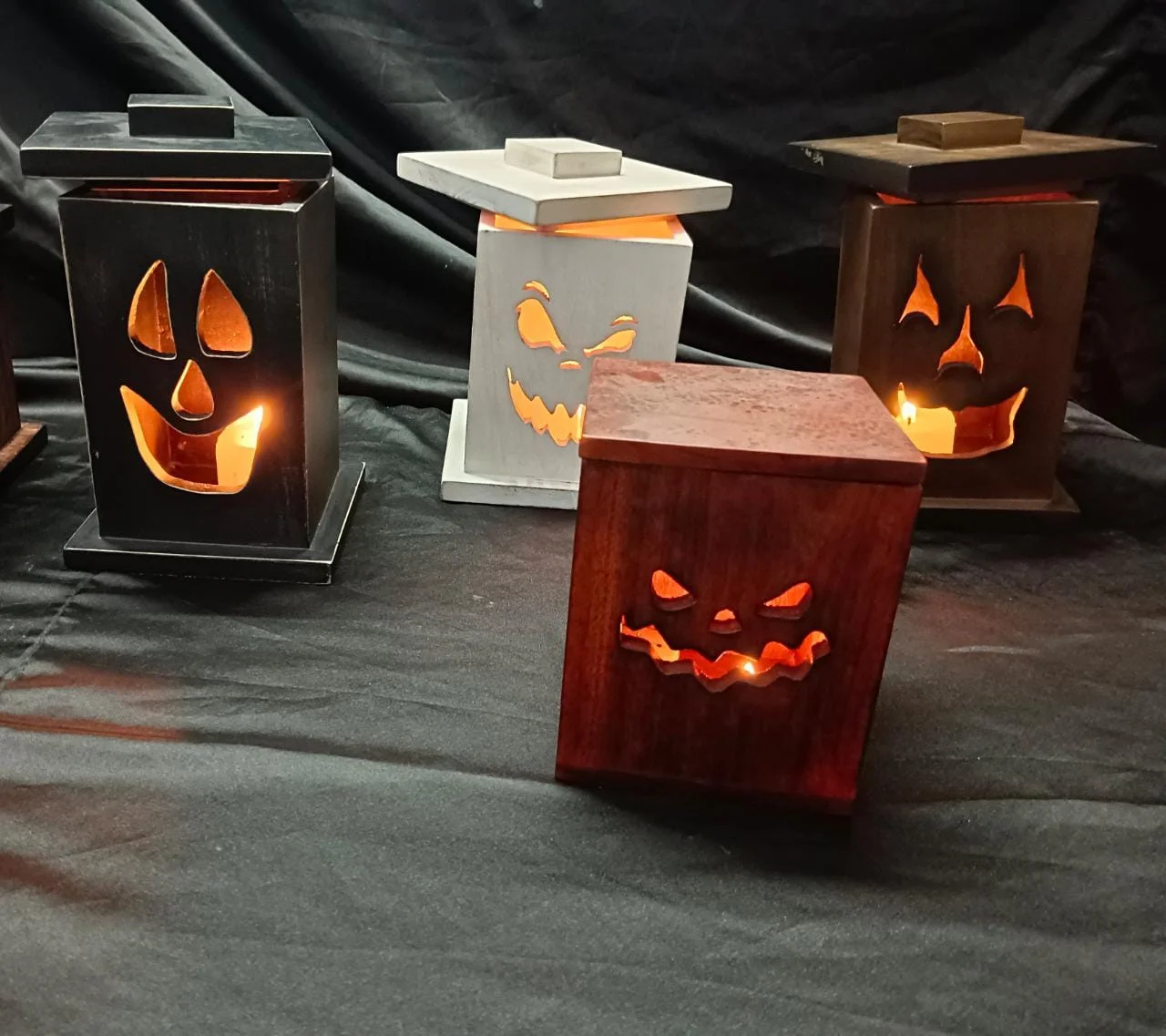 Natural grey stain Unique Halloween decorative creative hand-carved wood handicrafts antique vintage luxury candle box with lid