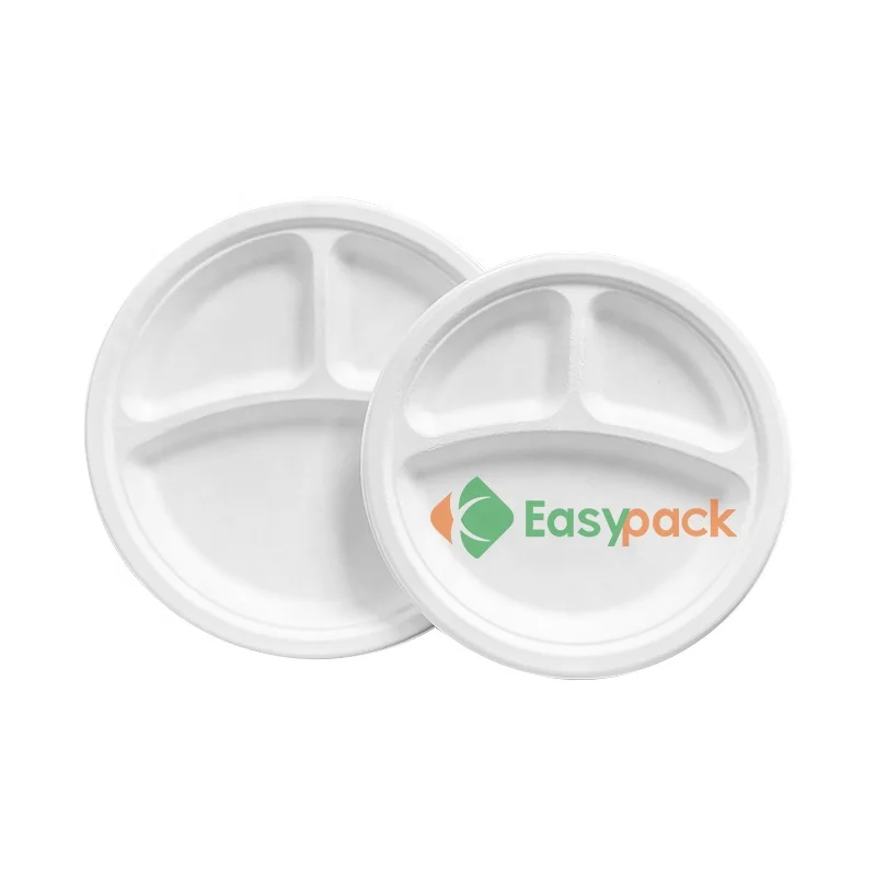 10 inch with 3-comp biodegradable white round sugarcane bagasse pulp plate