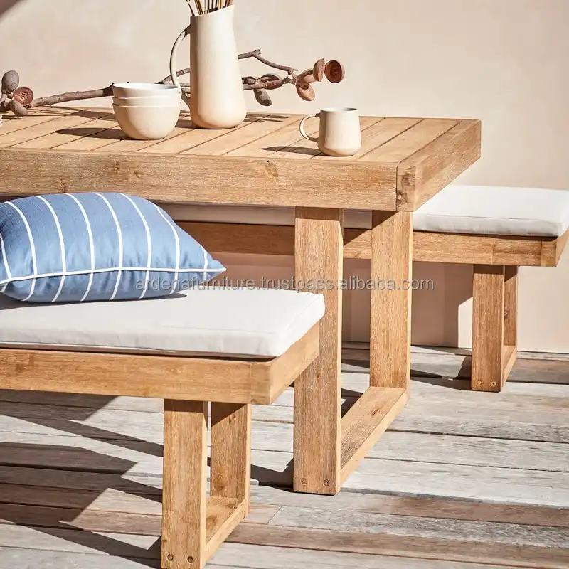 Rectangular Dining Table Set with Removable Cushion Seat Teak Wood Bench for Outdoor Hotel Banquet Restaurant Furniture Use