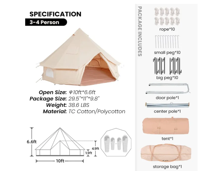 Large Luxury Family Camping Waterproof Tent 3m Cotton Canvas Marquee Party Wedding Tent Glamping Bell Tent