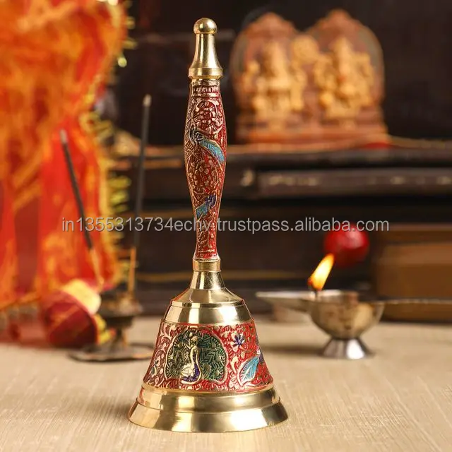 Hand Painted India Brass Metal Pooja Hand Bell For Temple Pooja Accessories Wedding Favor Return Gift Diwali Gift