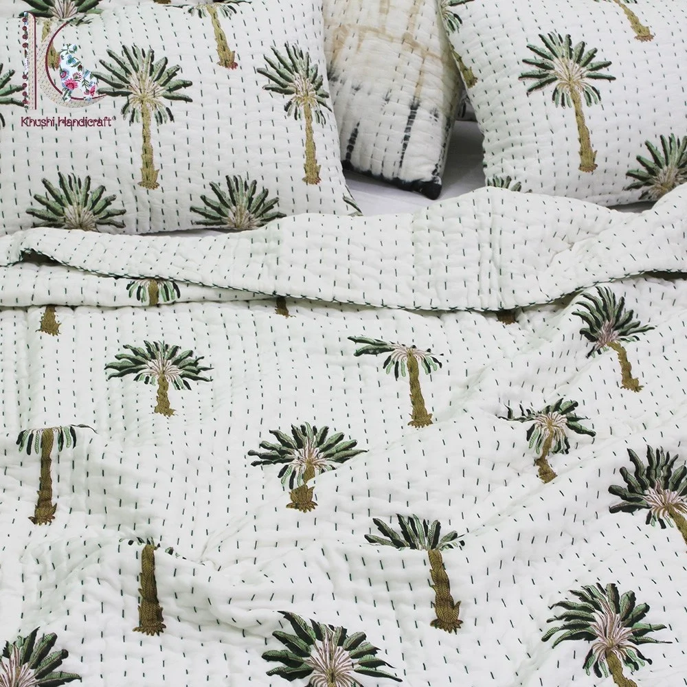 Зеленое одеяло kantha с пальмой оптовая продажа из 100% хлопка для королевской королевы