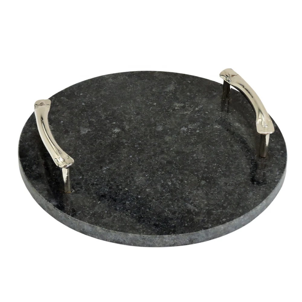 Сервировочный поднос черный мраморный с никелированной серебряной ручкой сервировочный на заказ