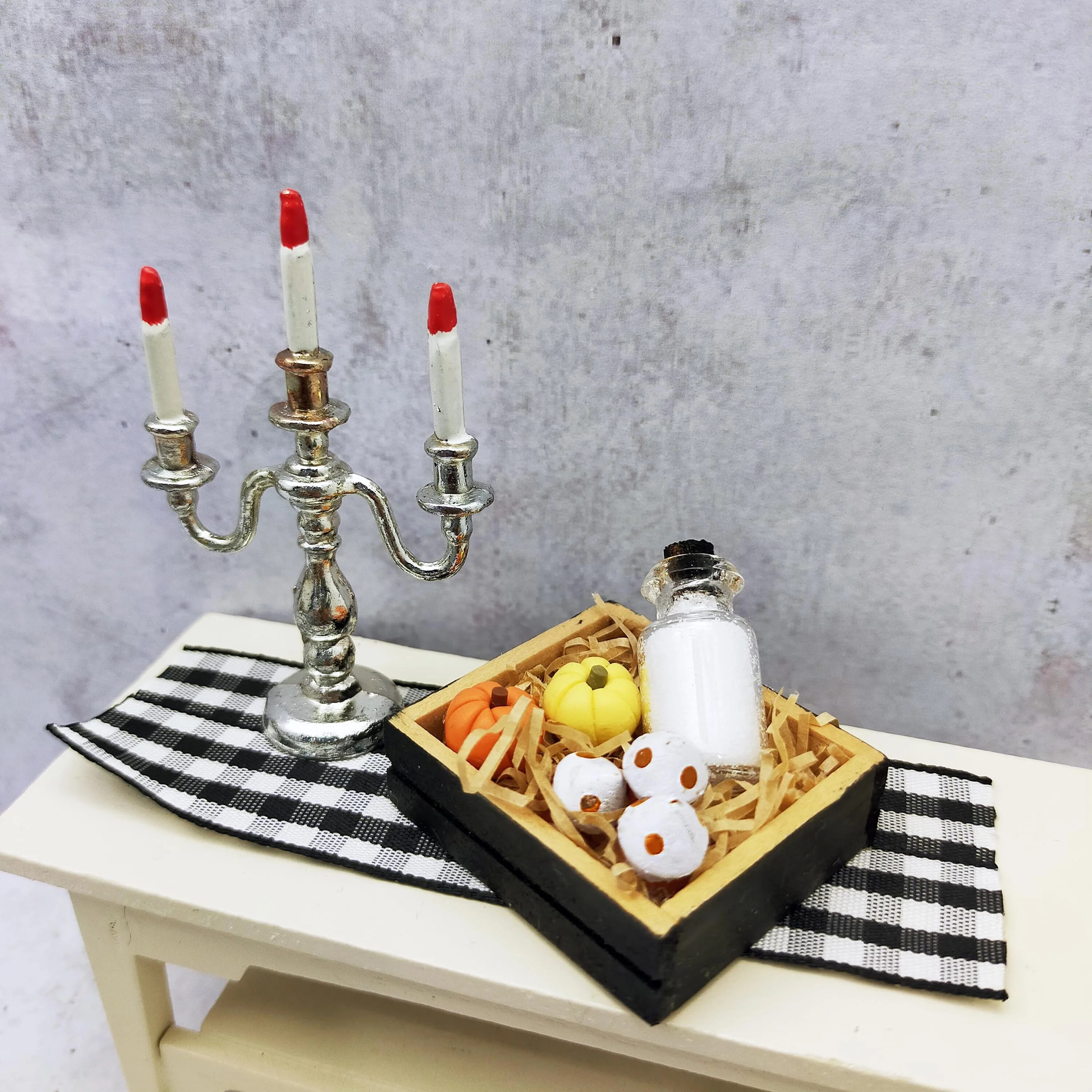 Miniature Dollhouse 1:12 Halloween Candle Holder Wooden Box with Pumpkin Glass Bottle