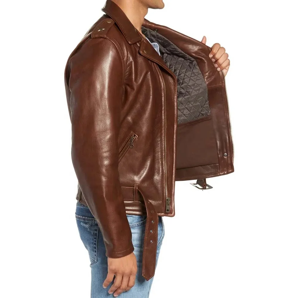 Мужская модная Коричневая байкерская кожаная куртка из коровьей шкуры оригинальная Байкерская бренди на молнии с перекрестной застежкой натуральной кожи индивидуальный дизайн