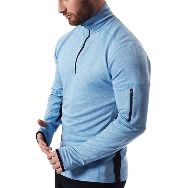 High quality Custom Males Gym Wear 1/4 thumb hole zipper Raglan Sleeve Mositure Wicking Men Funnel Neck thumb hole