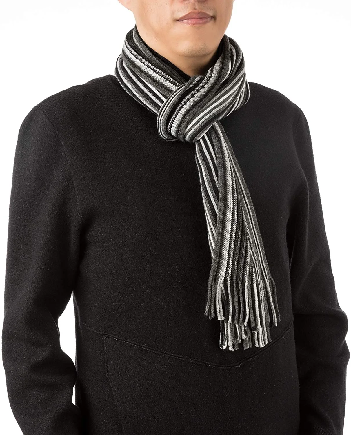 Sustainable Cashmere Scarves Shawl Muffler 1ply Herringbone Pattern Grey White Sustainable Mens Fine Merino Cashmere Scarf