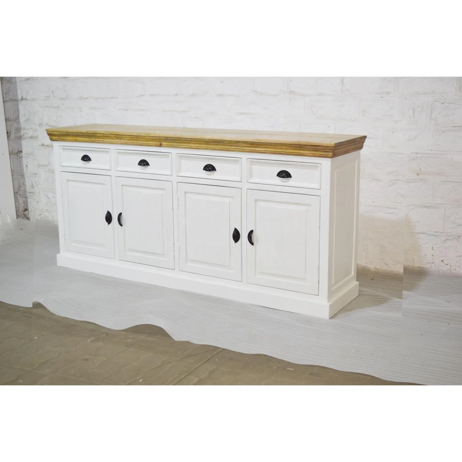Classic French White & Brown Top Long Storage Drawer Sideboard for Kitchen Dining Living Room or Workshop