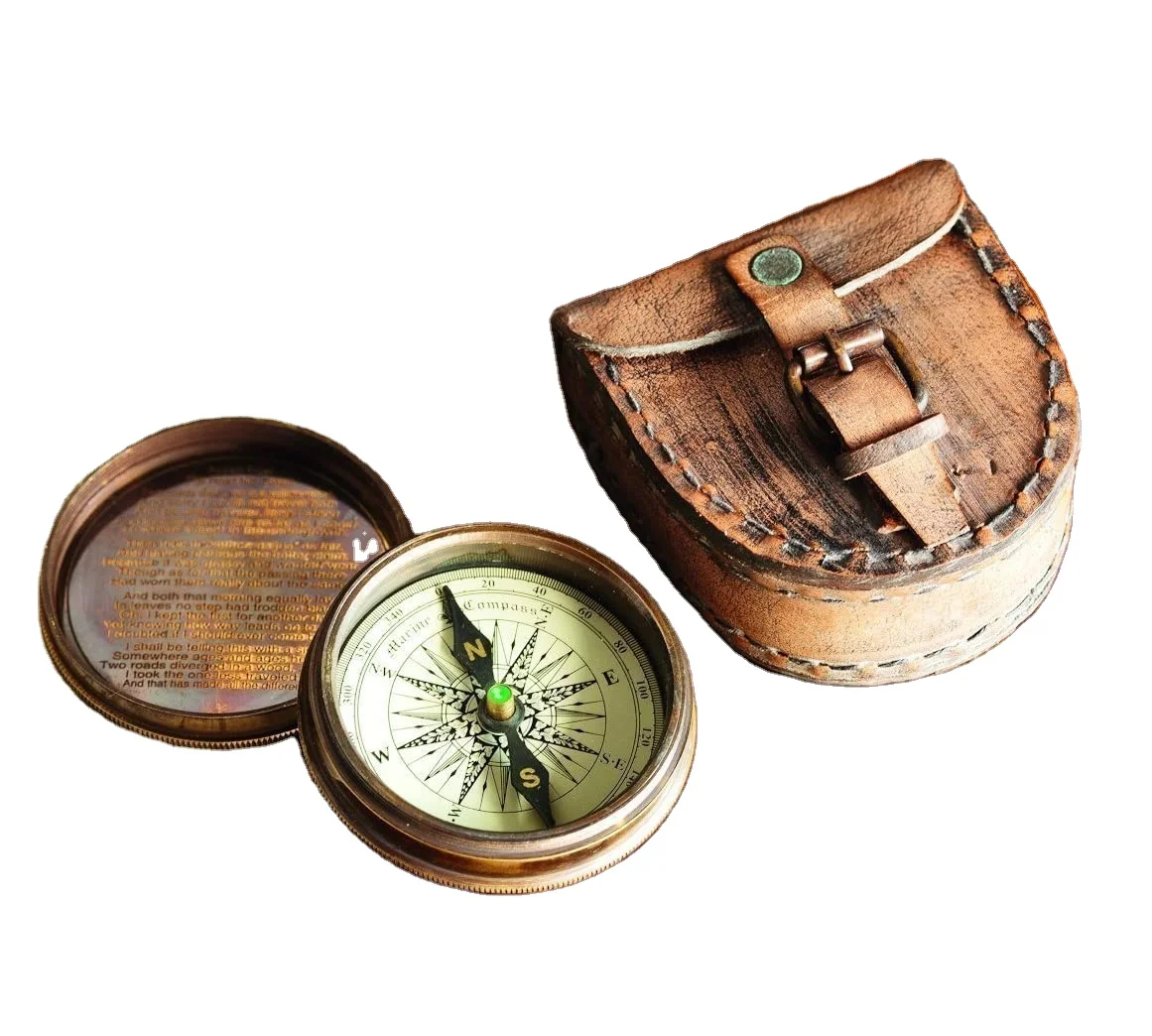 Antiqued Brass Poem Hiking Compass with Leather Case Collectible Usable Decorative