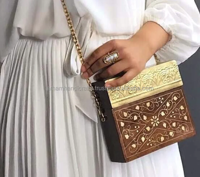 100% natural acacia Wooden Clutch Bag Handmade women and girls side purse with shoulder chain at low price by LUXURY CRAFTS