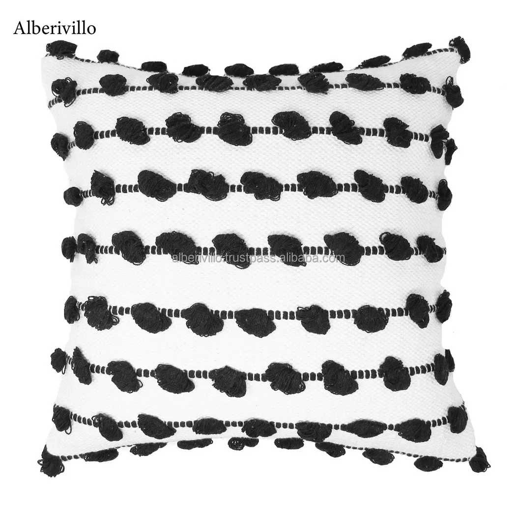 Boho Pillow Case with Tassel Fringe Pattern Hand Embroidered Decorative Cotton Black Stripe Bohemian Cushion Cover