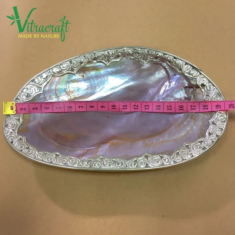100%Natural product Pink Shell Mother Of Pearl Plate Caviar Dish Mother of pearl tray with Silver Pattern inlaid size 18 to 20cm