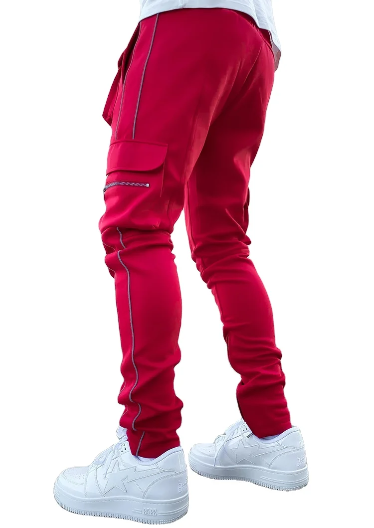 2024 Streetwear Reflective Stripe Cargo Men Stacked Joggers Sweatpants Pants With Pockets Top