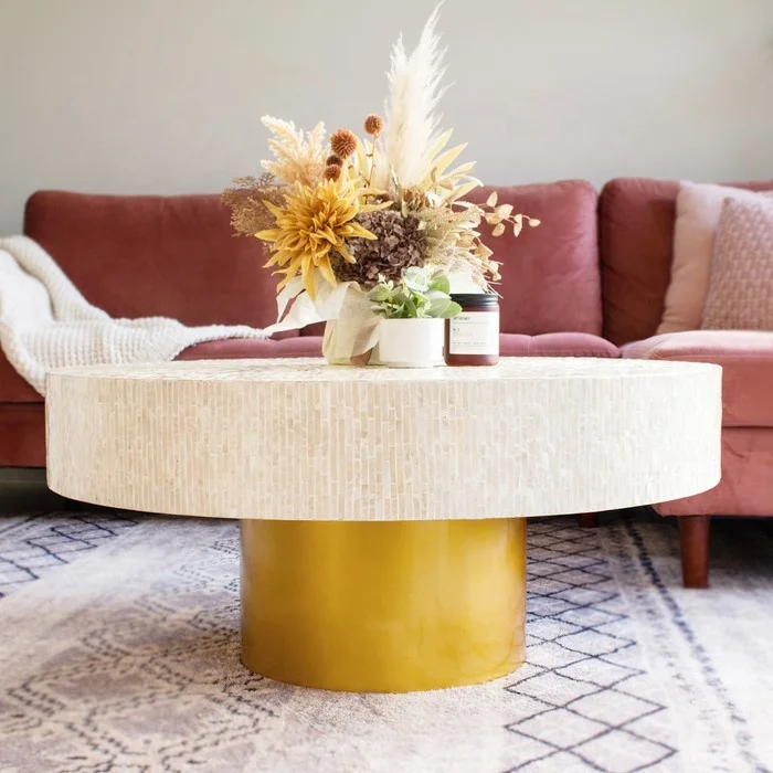 Mother of Pearl Inlay Round Coffee Table Vietnam Manufacturer Modern Coffee Table OEM Furniture Gold Base Variety of Choices
