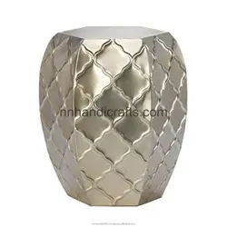 Vintage Decor Steel Iron Metal Silver Nickel Plated Shiny Polished Round With Embosed Metal Stool Bar Ottoman Bar Stools For