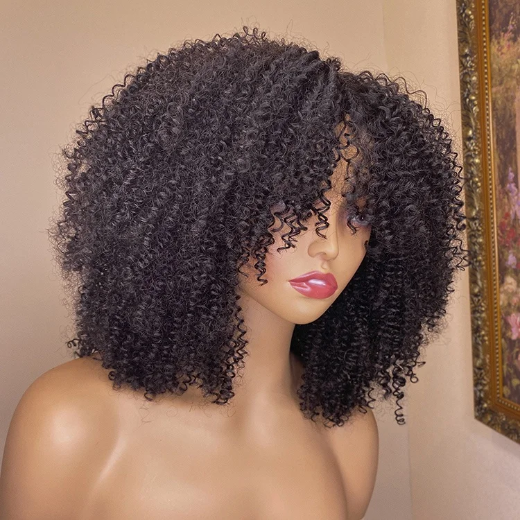 Kinky Curly Bob Wigs with Bangs for Black Women Virgin Human Hair Short Wigs High Density Machine Made Peruvian Hair Wig
