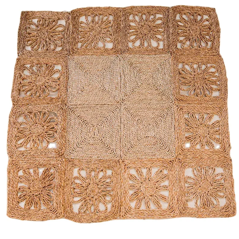 Foldable 120cm Natural Seagrass Square Floral Rug| Handwoven Coastal Boho Vintage Rattan, Indoor Outdoor Living Wicker Yoga Mat