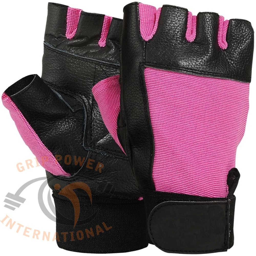 Ladies Pink Leather Padded Palm Finger less Gloves