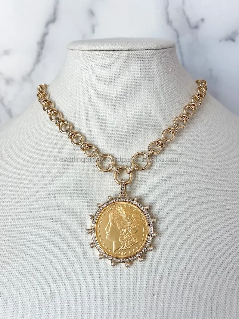 Vintage Coin Necklace Gold Statement Gold Chunky Large Coin Pendant XL Coin Pendant Necklace for Jewelry