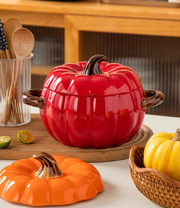 Modern Shaped Ceramic Bowl With Lid Creatively Ceramic White Pumpkins Shaped Dinnerware Bowls With Two Handles