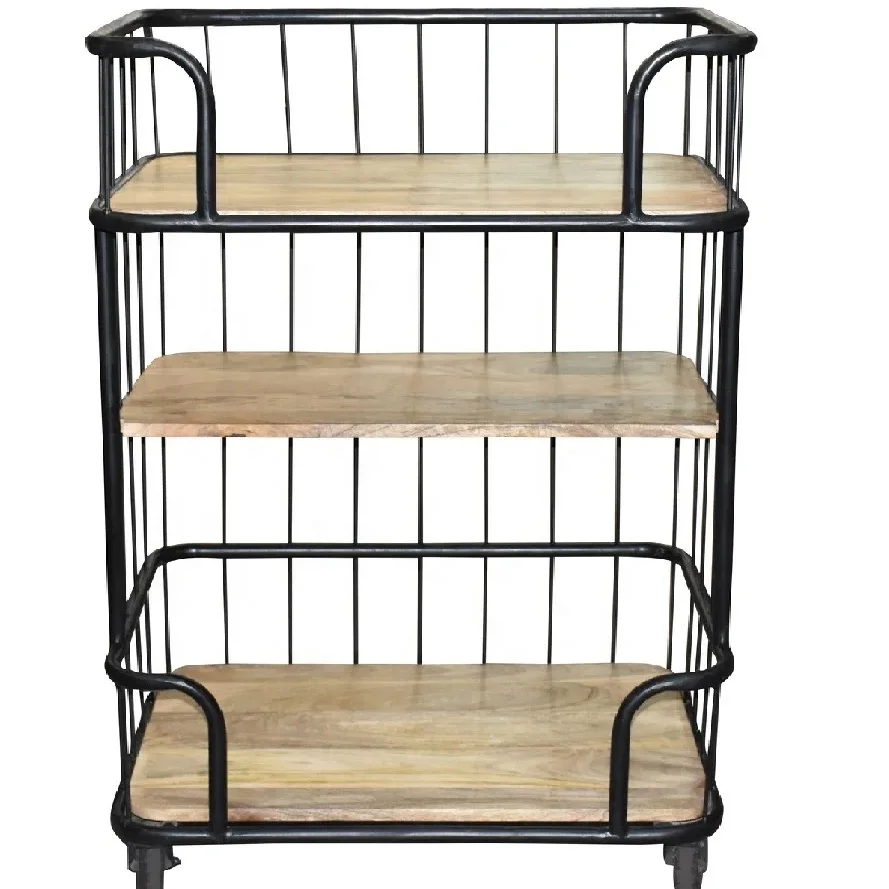 Best Selling High Quality Iron Structure Frame and Mango Wooden Shelf Kitchen Trolley for Home, Hotel, Restaurant and Bar