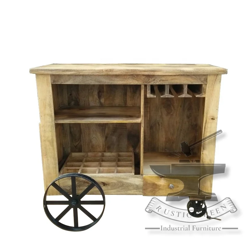 Industrial Wooden Bar Trolley Cabinet
