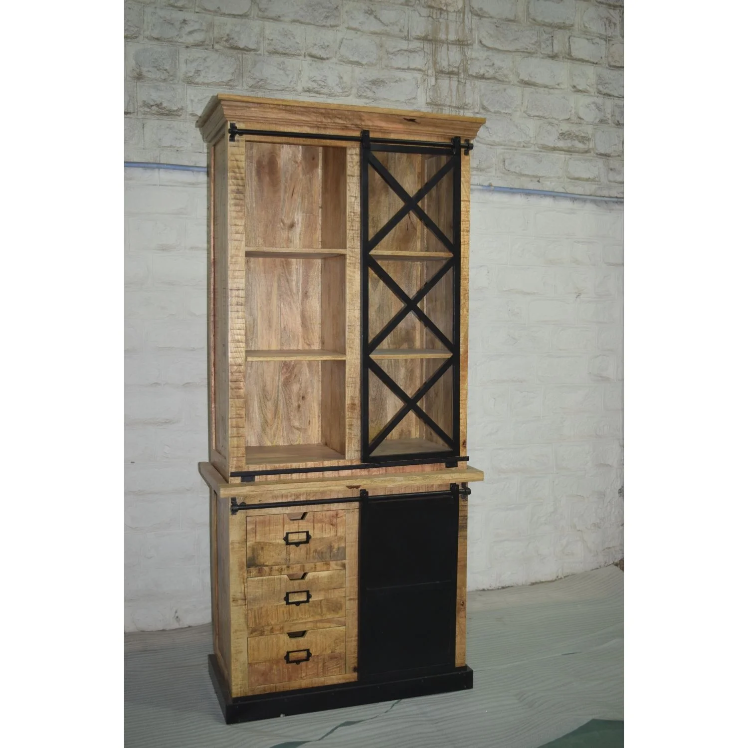 Luxury Modern Industrial Style Mango Wooden Glass Panel Hutch Buffet Cabinet Storage Display Home Dining Living Room