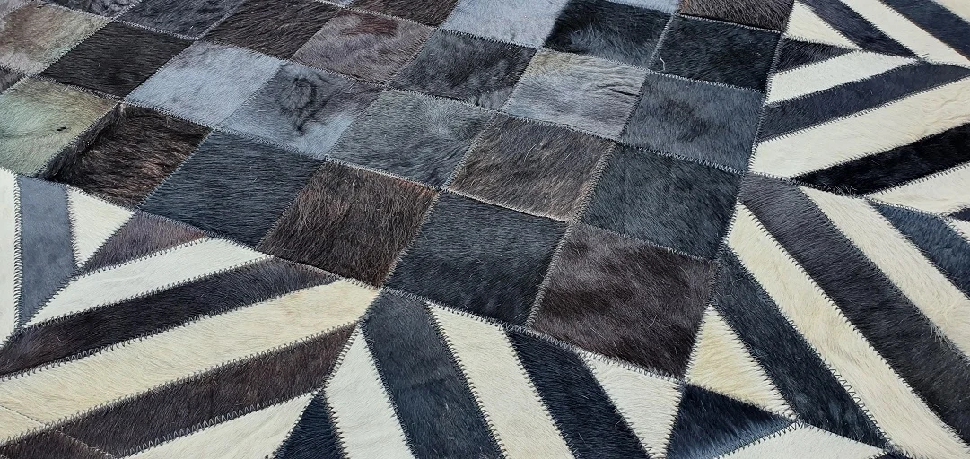 Modern Design Black and White Pure Genuine Cow Leather Hair on Handmade Patchwork Leather cowhide Area rug