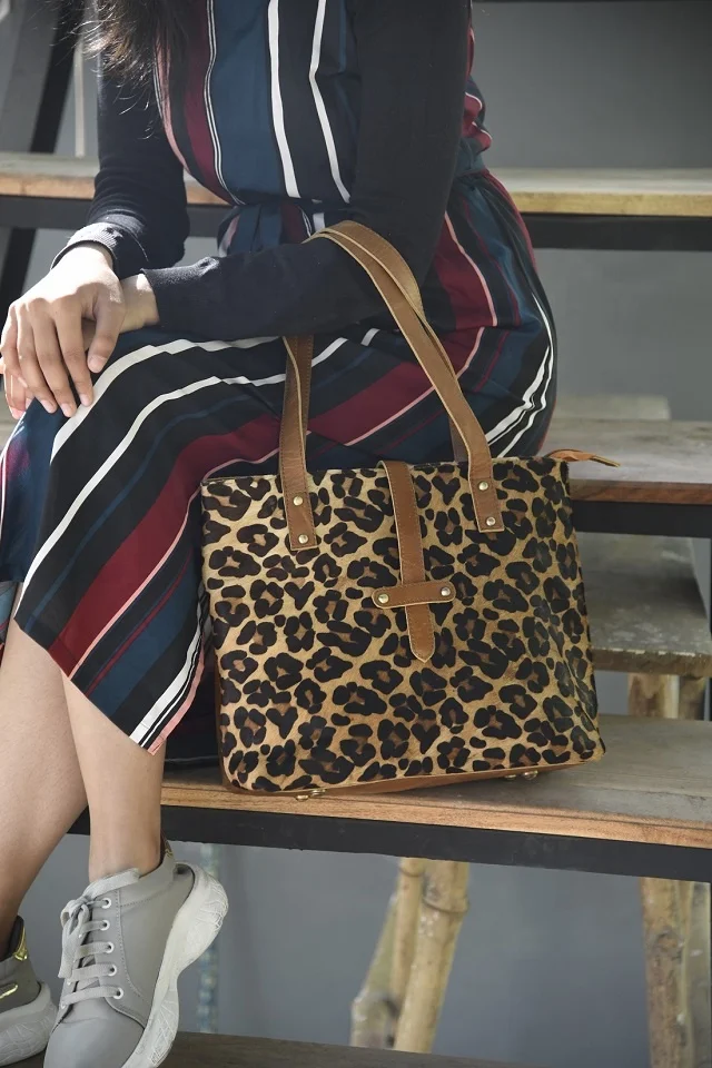 Pony Hair Leopard Prints Brown Cow hide calf cowhide bag purse leather handbags purses money Cow fur Tote bag