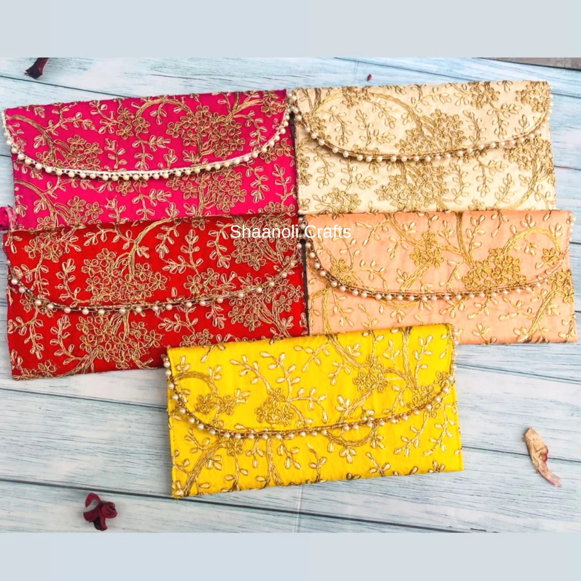 Traditional Handcrafted Embroidery Sequin Golden Work Envelopes Shape Pouches For Wedding Favors Return Gift For Shagun