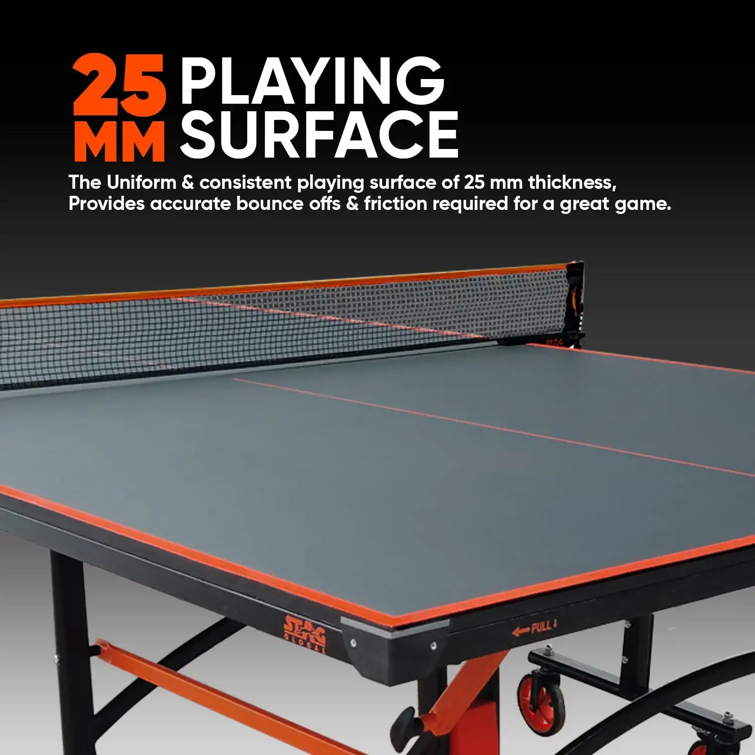 StagGlobal Flex Indoor Table Tennis Table New Launch Foldable Black Top 25mm Thickness Wood and MDF SMC Material for Sports