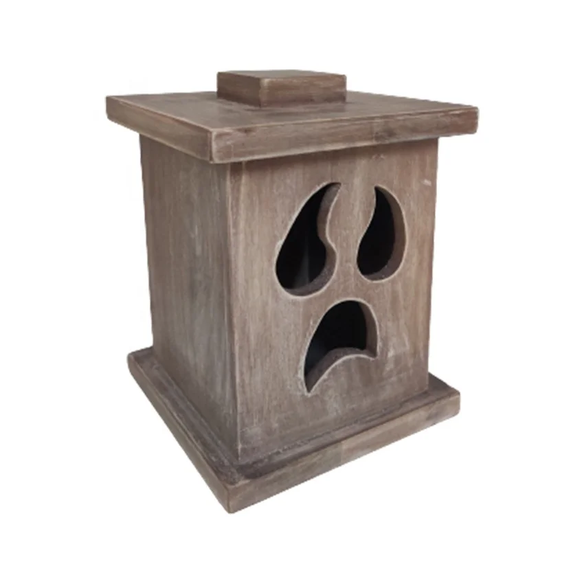 Natural grey stain Unique Halloween decorative creative hand-carved wood handicrafts antique vintage luxury candle box with lid