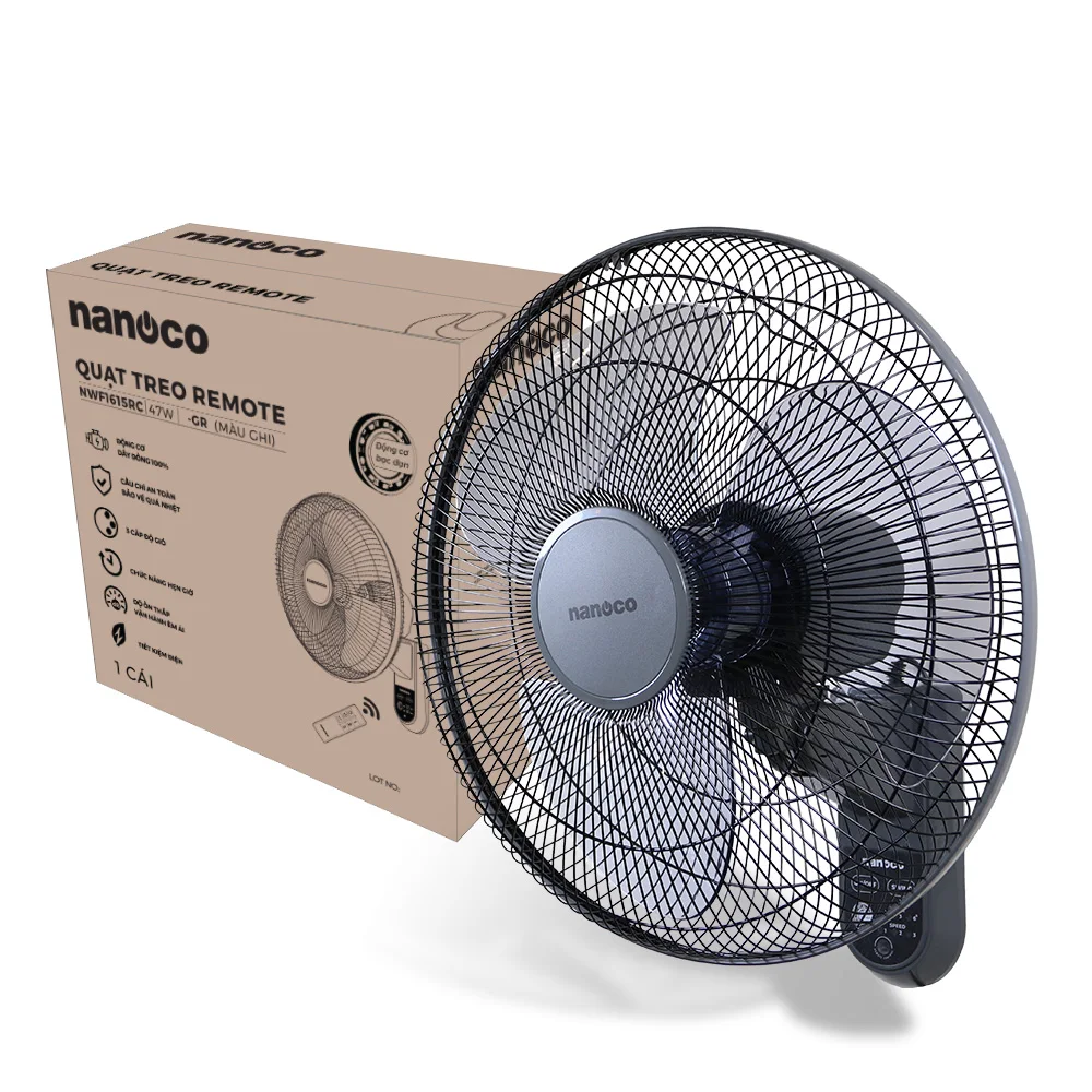 Nanoco NWF1615RC Wall fan with remote control (Ball - bearing motor)- Blade diameter: 40cm Ready To Export from Vietnam