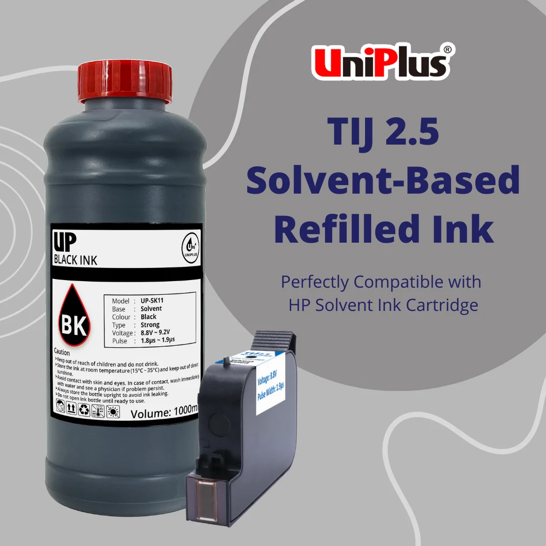 Uniplus Fast Dry Solvent Based Black Ink 1000ml For B3F58A / B3F58B / F0L89B / F0L91A TIJ2.5 Cartridge