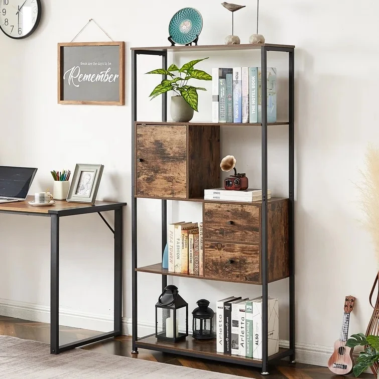 Modern Wooden Shelf Library Wall Bookcase With Drawers and Door