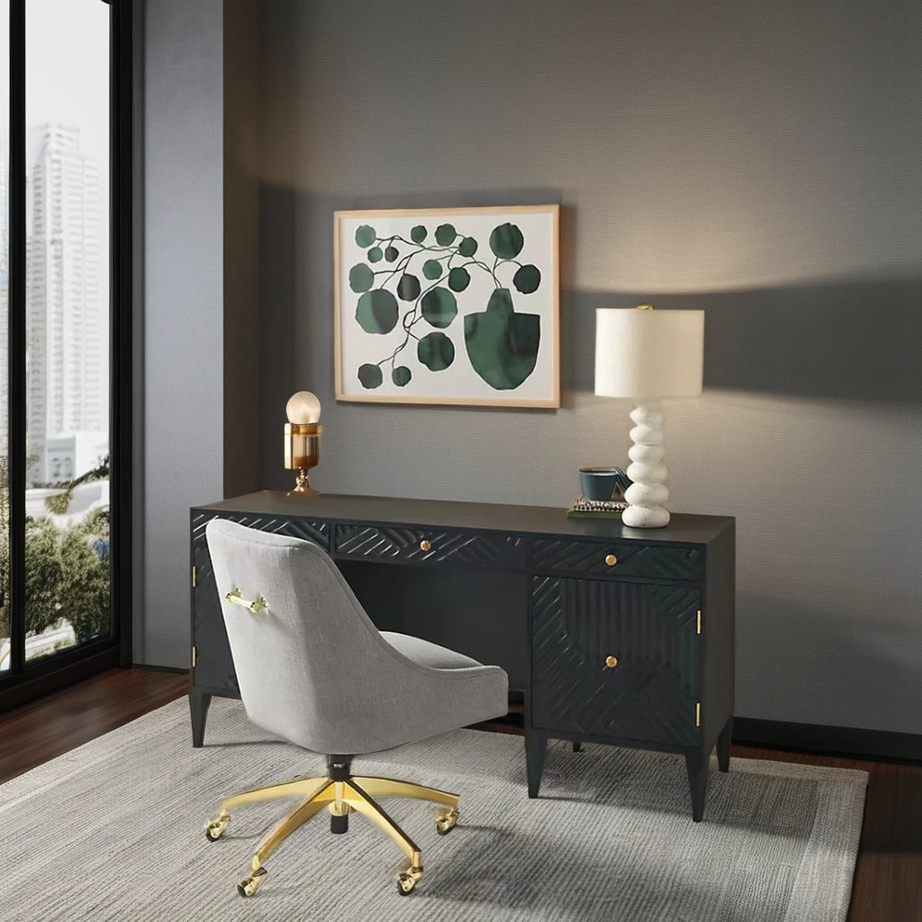 5-Drawer Modern Executive Office Desk with Indigo Handcarved Wooden Storage Simple Office Furniture for Home & Gym Use
