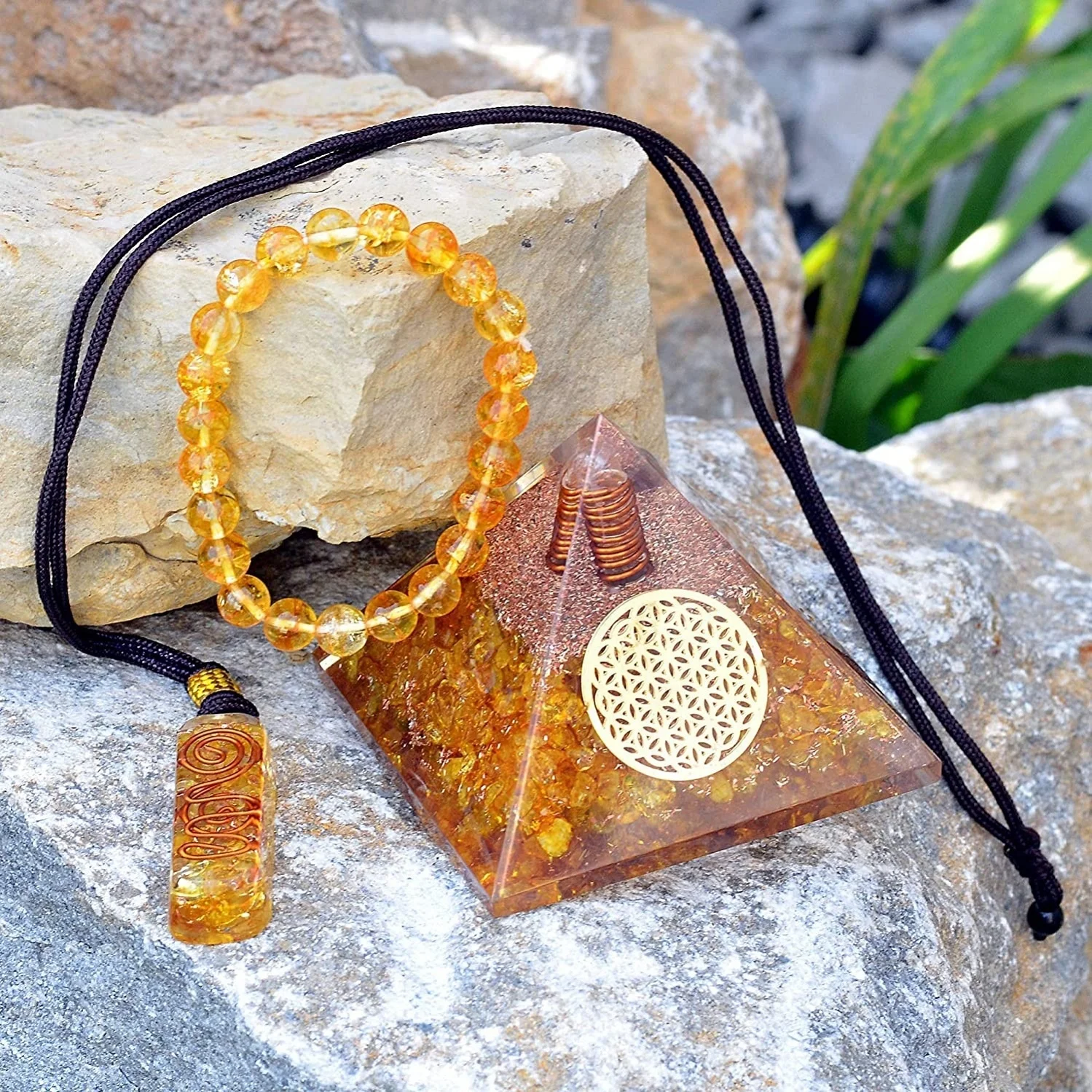 Natural Citrine Orgone Pyramid With Orgone Energy Pendant and Reiki Bracelet Citrine Orgone Sets
