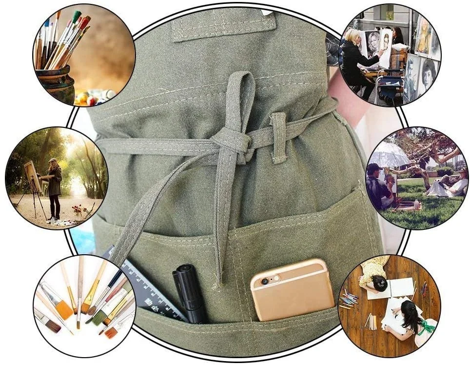 Adjustable Artist Apron with Pockets Waxed Canvas Painting Aprons with Tool Organizer pockets for Arts Gardening