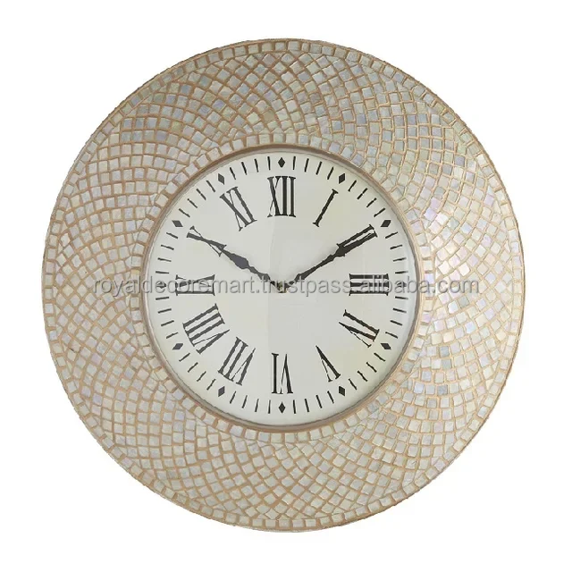 Large Elegant Home RDM Mosaic Wall Clock Silent Analog Metal Number Luxury Glass Blue Beige Multi-Colored Combination Quartz