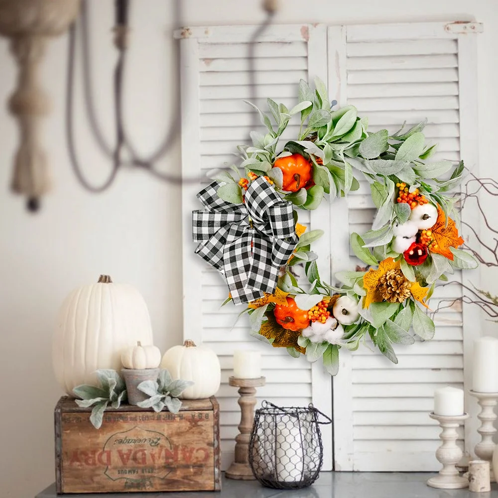 Fall Pumpkin Greenery Wreath With Bow