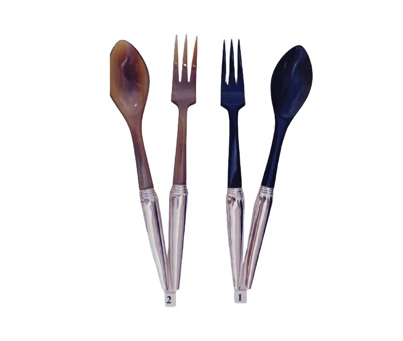Elegant buffalo horn salad server set with shiny silver plated handle use for home and restaurants provided by Vietcrafts