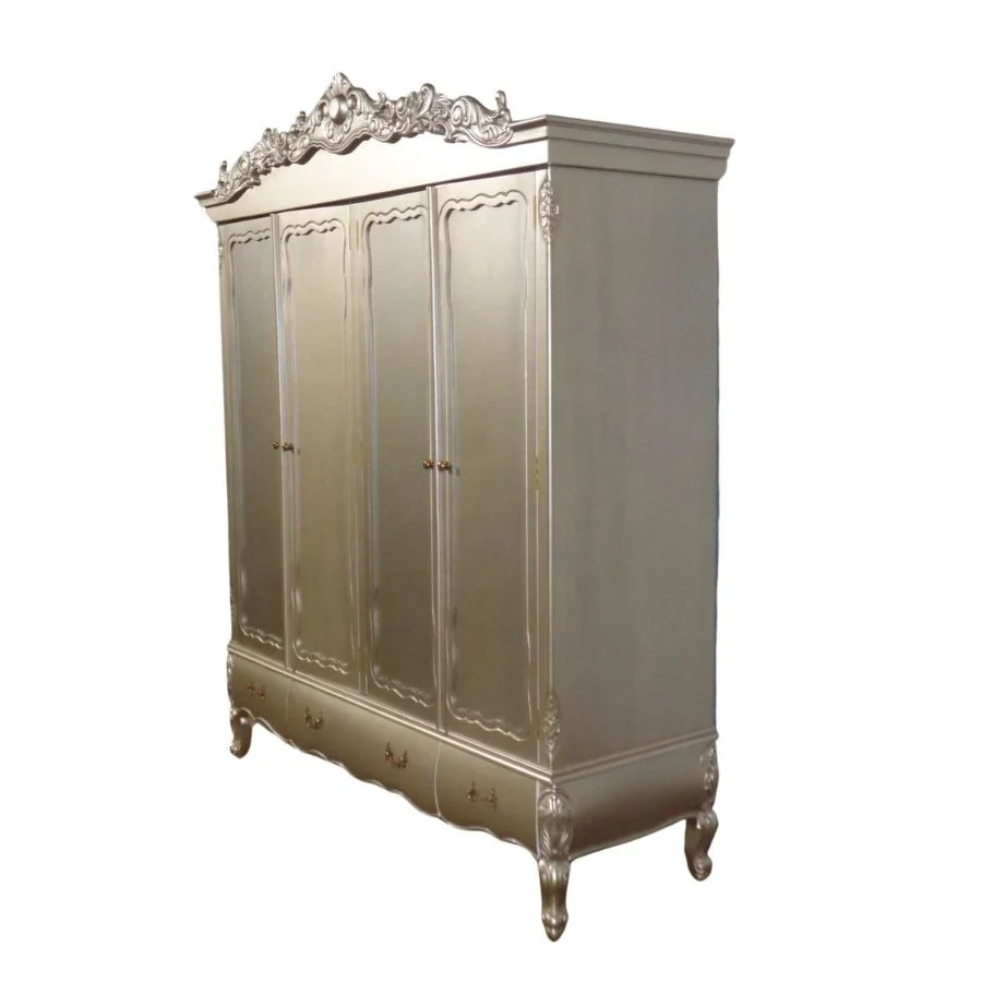 French Style Armoire Wooden Rococo Wardrobe in Knock Down Furniture Antique Reproduction Closet for Bedroom Furniture Set