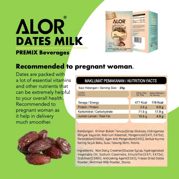 ALOR [Halal] Premix Dates Milk 25g x 15 sachets Ready Stocks with Natural Sugars for Energy Rich in Antioxidants High Vitamins
