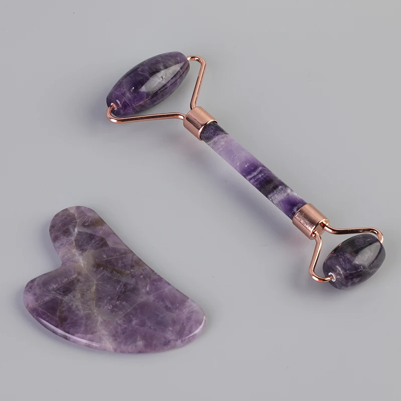 Premium Quality Natural Anti Aging Facial Care Amethyst Quartz Jade Massage Roller Set
