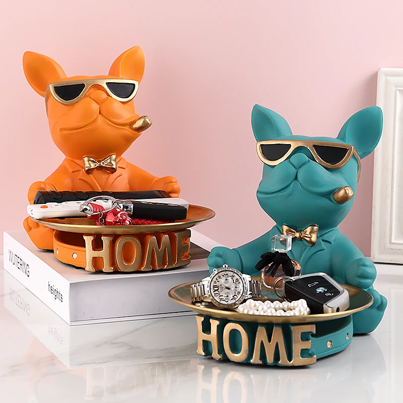 Resin Dog Sculpture Design Statue French Bulldog Butler with Metal Tray for Keys Holder Home Decor Animal Ornaments Nordic Art