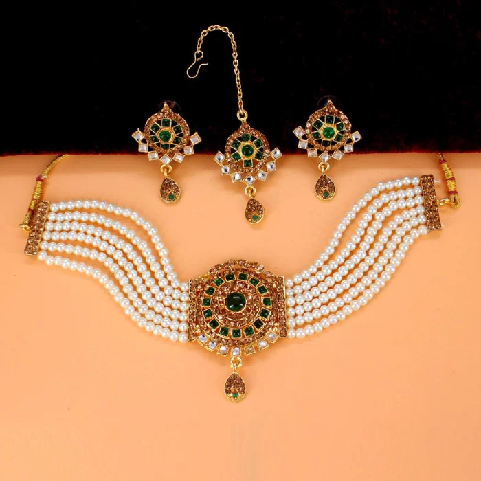 Traditional Choker Necklace Set in Gold finish Green Artificial Stone Indian Pearls Choker Necklace with Earring and Maang Tikka