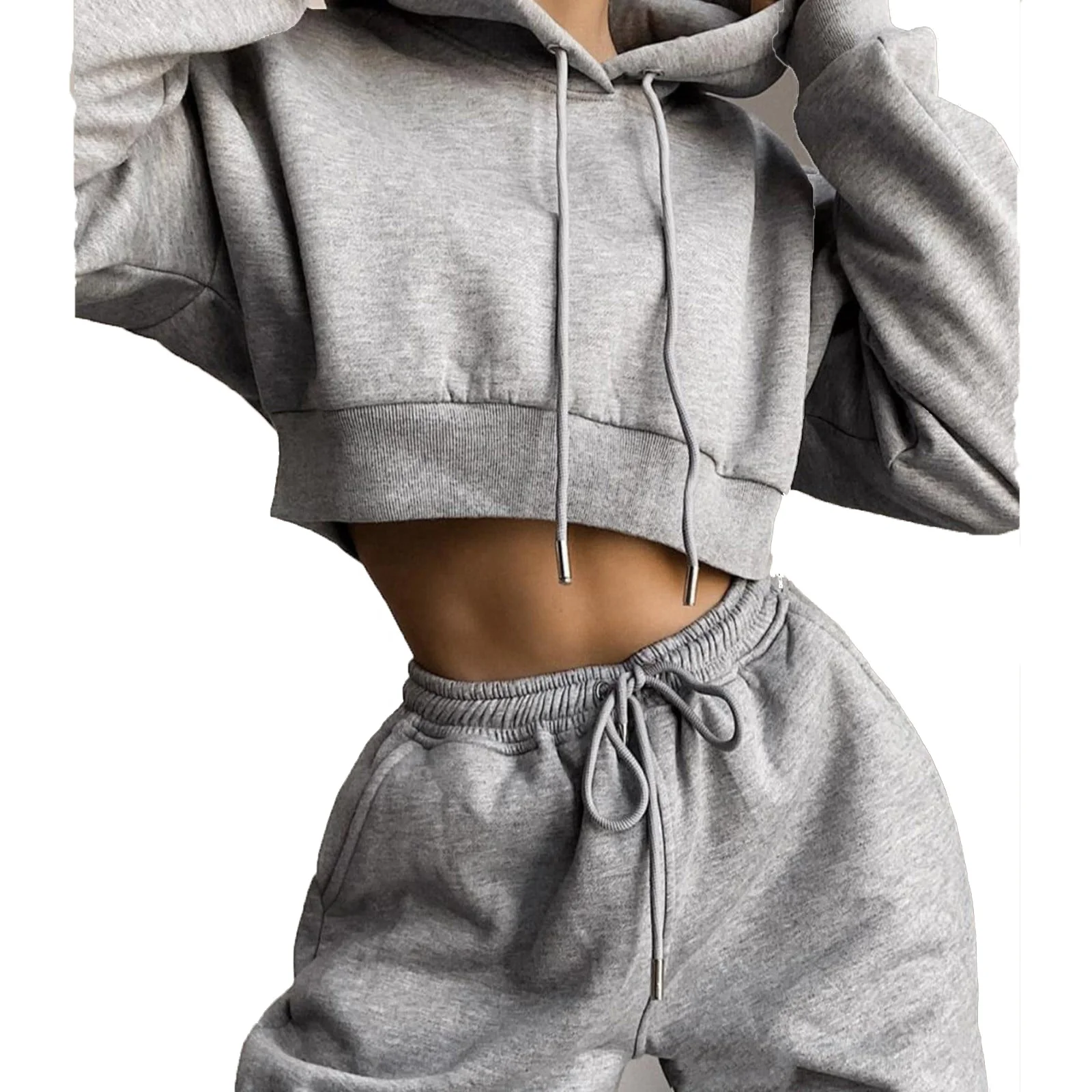 2023 Trendy Custom Logo Crop Tracksuit Hoodies and Sweatpants Cotton Breathable Sweat suit 2 Piece Set Women Cropped Tracksuits