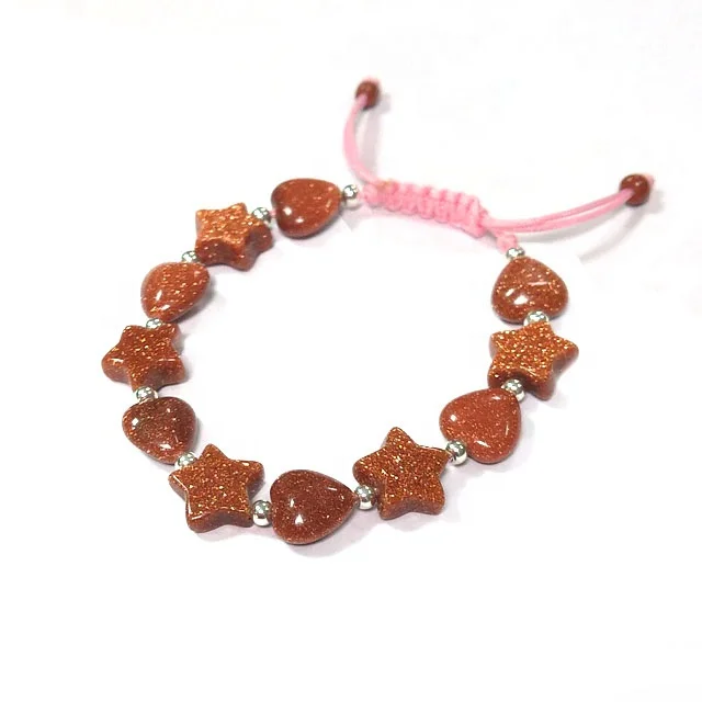 Golden sandstone star heart  bracelet 925 silver ball hand made cord knotted bangle carved natural goldstone