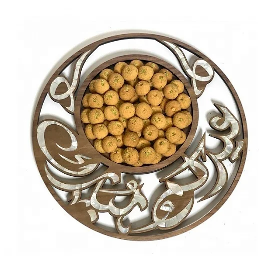 Round Acacia Wood Mop Inlay Serving Tray Factory Sale Eid Ramadan Gift Mother of Pearl Dessert Tray